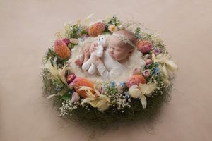 baby girl lying in a floral nest in a photography studio in Perth, Western Australia