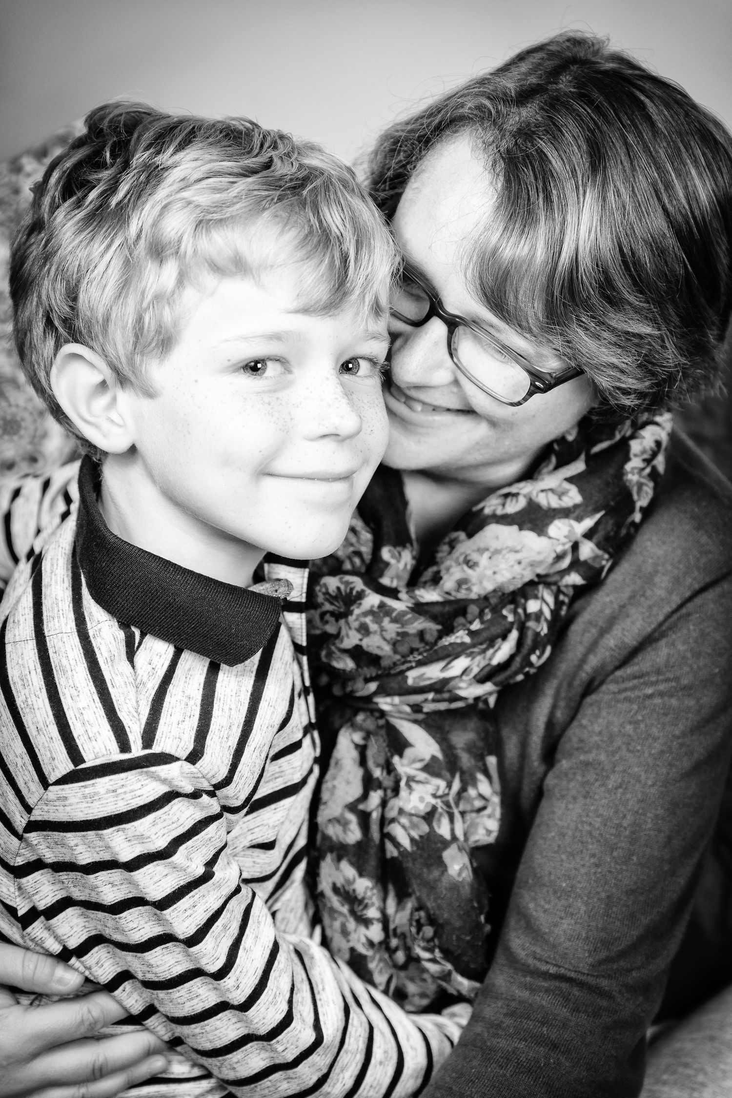 mother and young son black and white