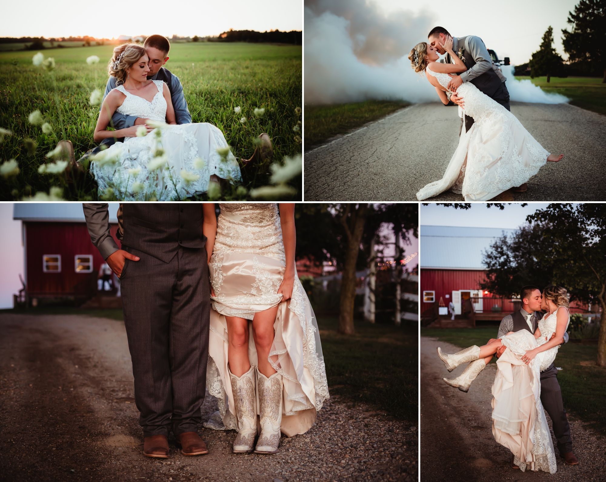 Couple sitting in a field, groom dipping bride in the road with truck and smoke behind, couple standing in front of barn