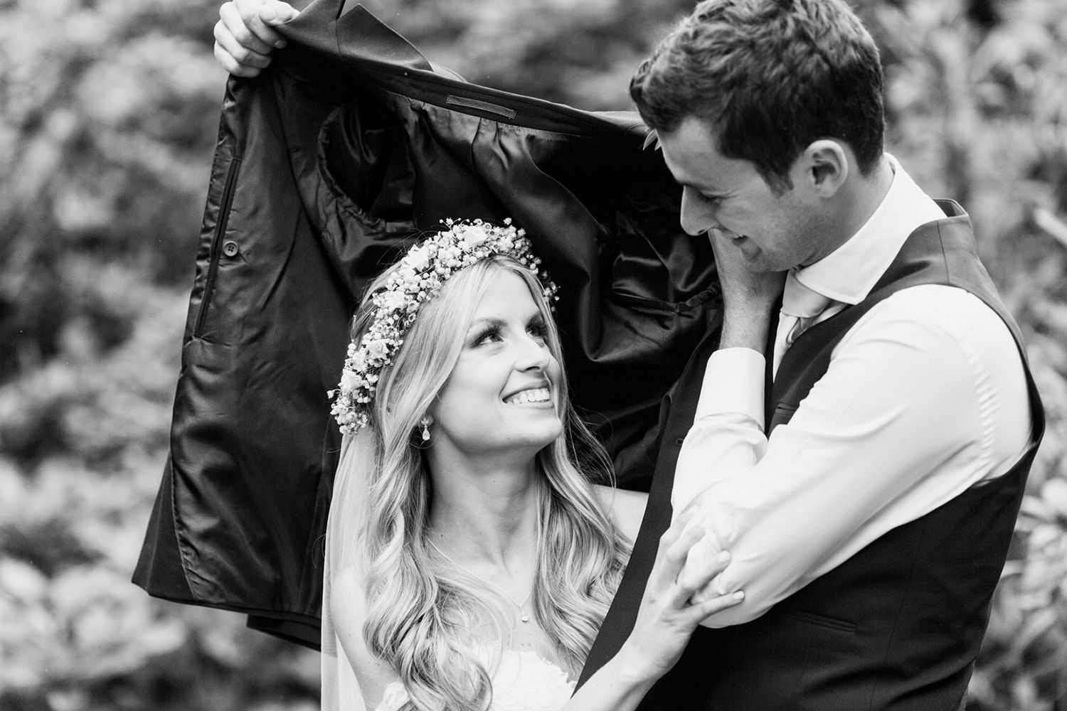 cute moment wedding couple in the rain
