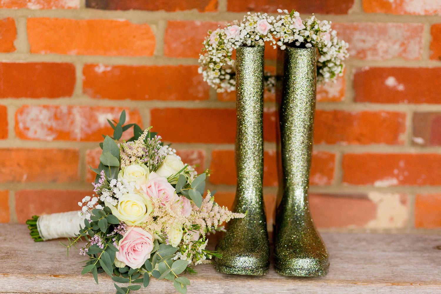 Green Glitter Wellie boots adn wedding accessories