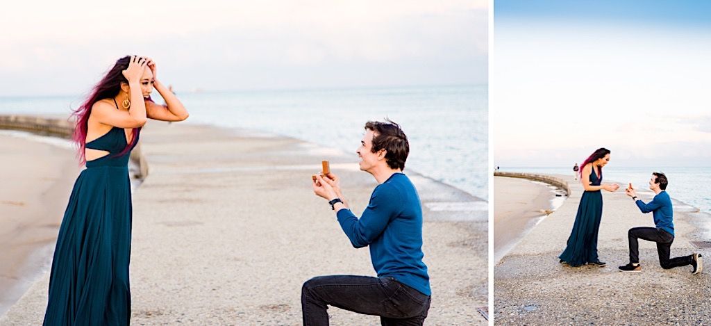woman and man getting engaged at North Avenue Beach