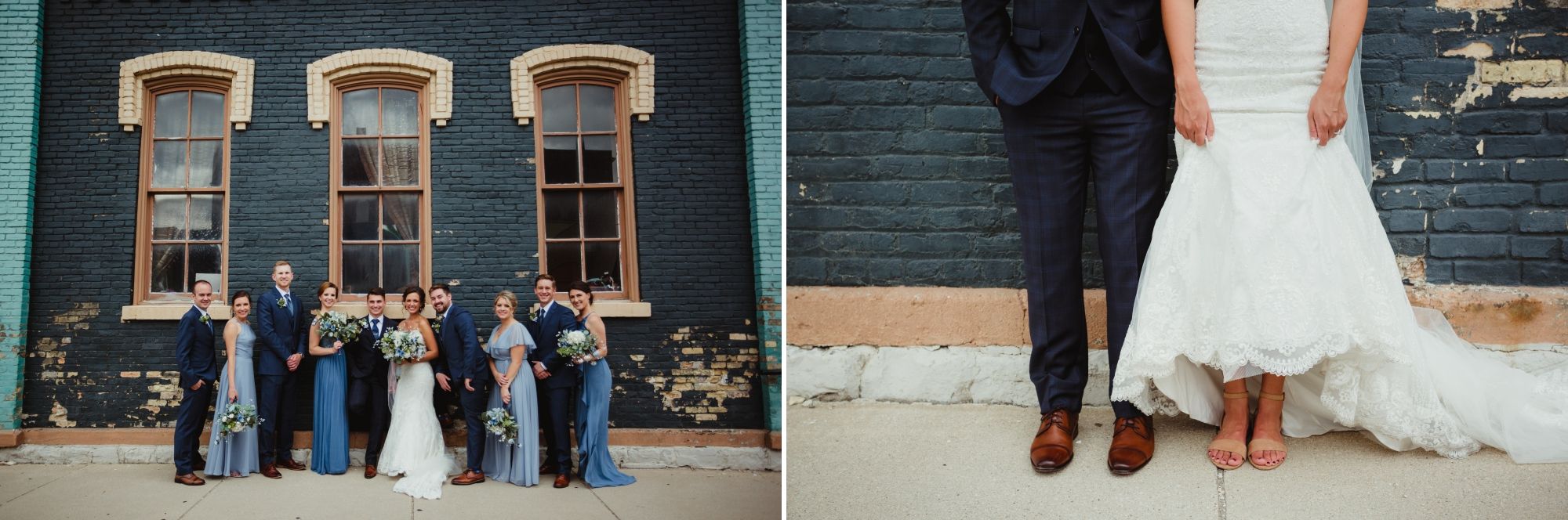 Wedding party standing in front of a navy brick wall then a close up of the bride and groom's feet.