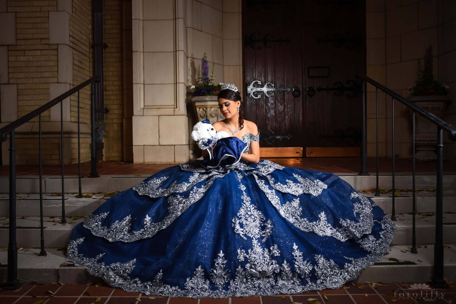 beautiful blue and white quince dress photography session fort worth fotolilly photography