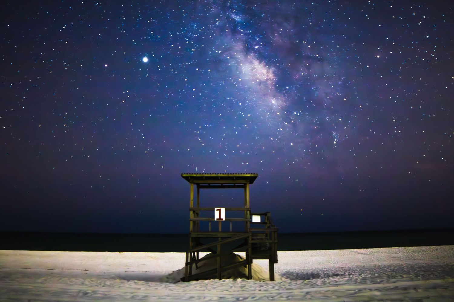Pensacola Beach with Life Guard hut milky way, Jupiter, and Saturn