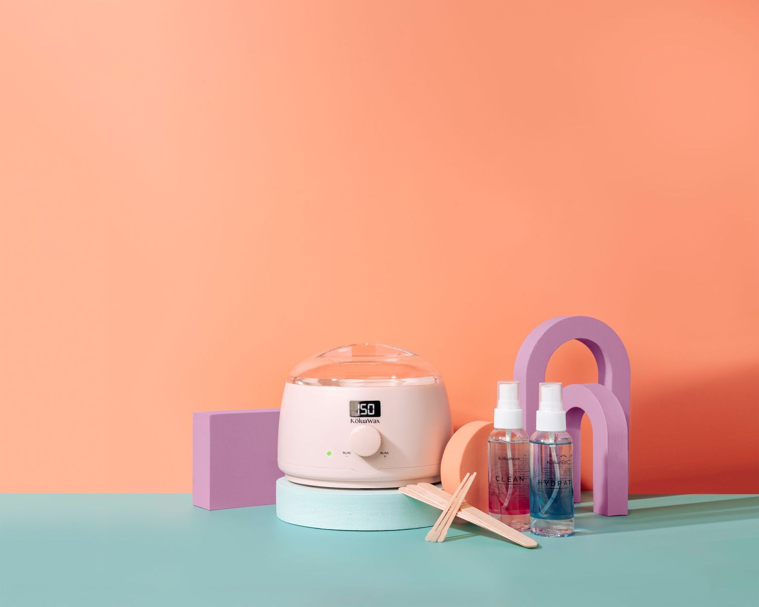 Pink skincare jar with decorative elements against coral backdrop.