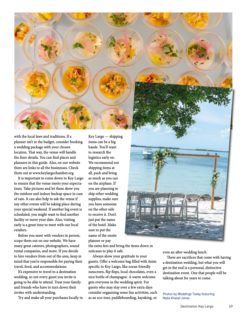 A magazine spread showing appetizers in small plates alongside a beach wedding setup with chairs and an arch.