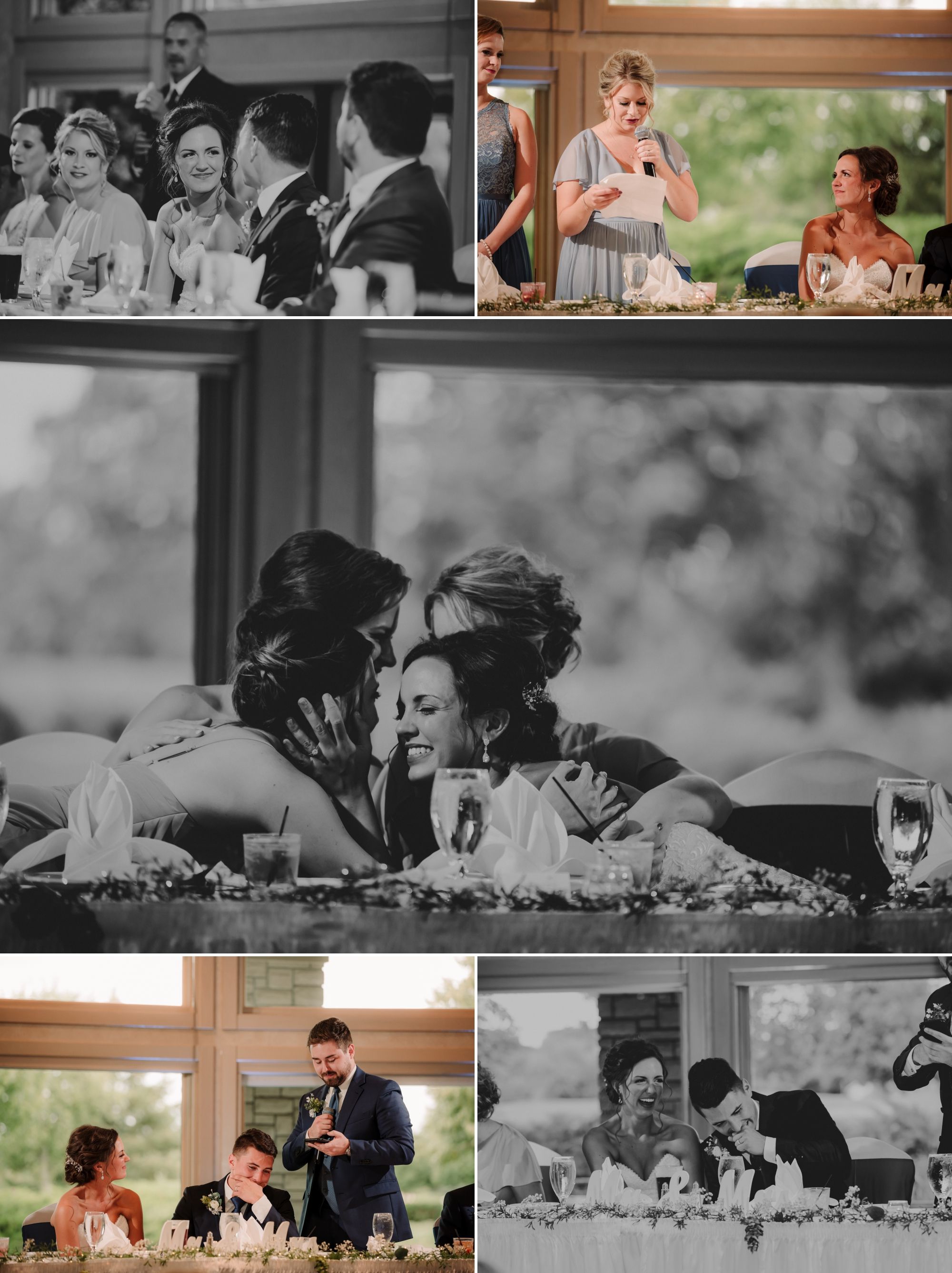 Toasts given at the wedding party table. Smiles, laughing, and hugging.