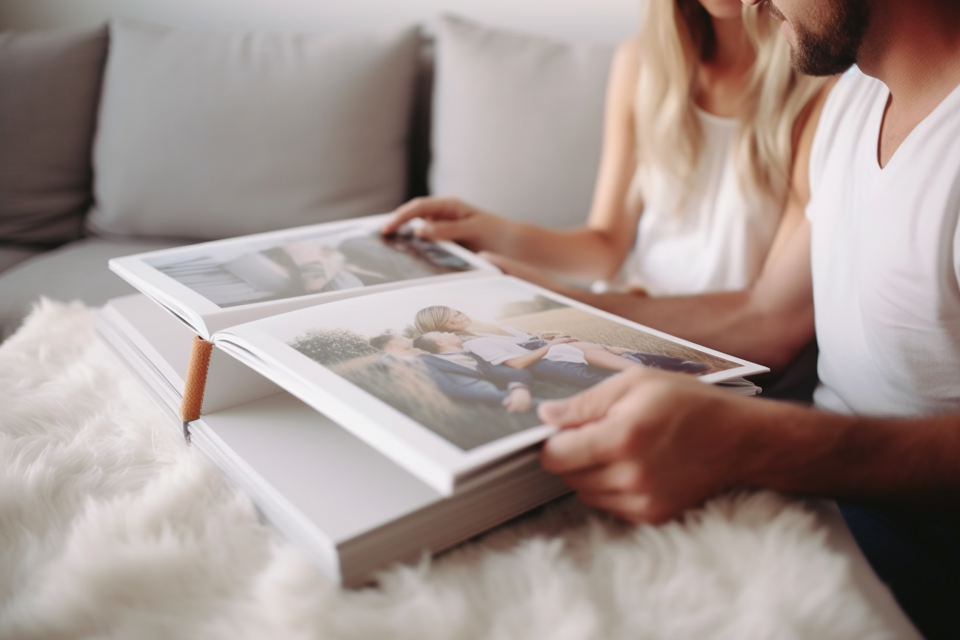 Two people looking through photo album while sitting on couch with white fluffy blanket.