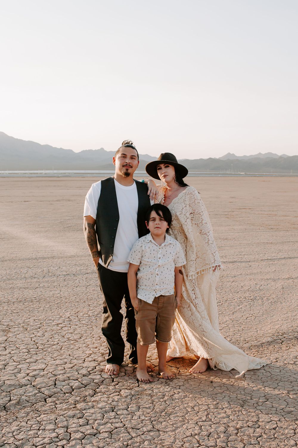 family pictures on a dry lake bed in Las Vegas Nevada