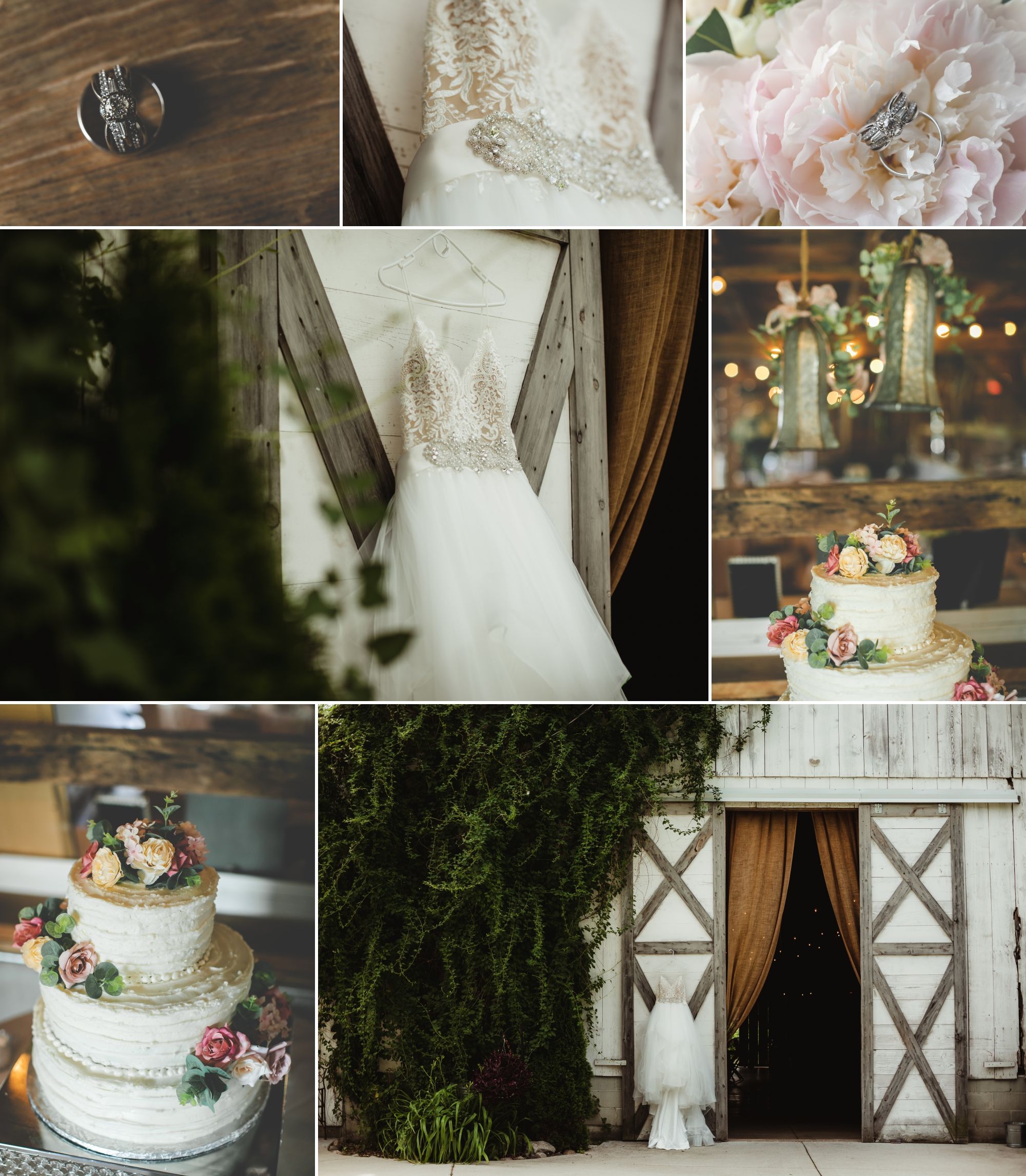 A college of wedding rings on a flower, wedding cake on a table, and a wedding gown hanging on a white barn.