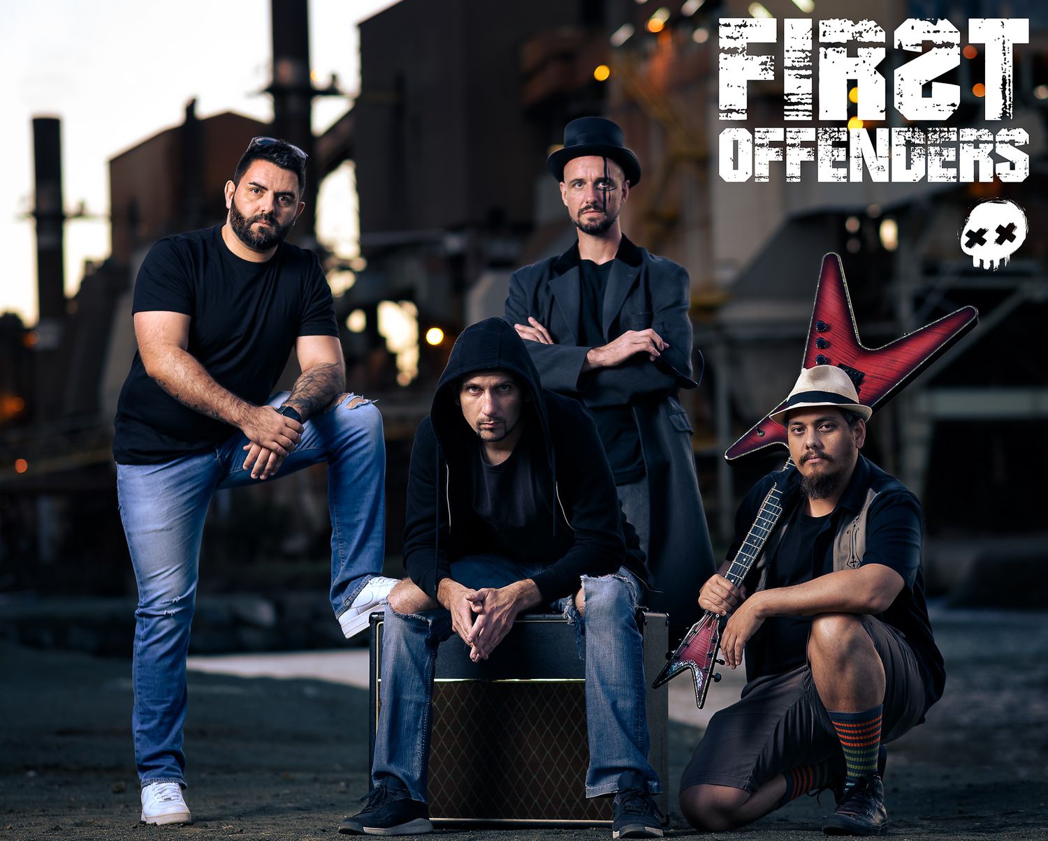 Group photo of a Noumea rock band during a photoshoot