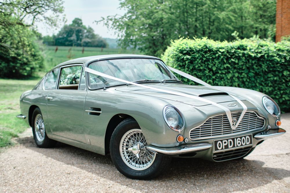 Elegant silver Aston Martin DB5 classic car photographed in a garden setting.