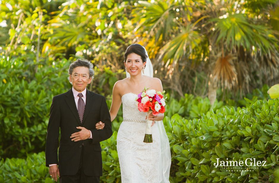 bride and her father smiling at the Fairmont Mayakoba
