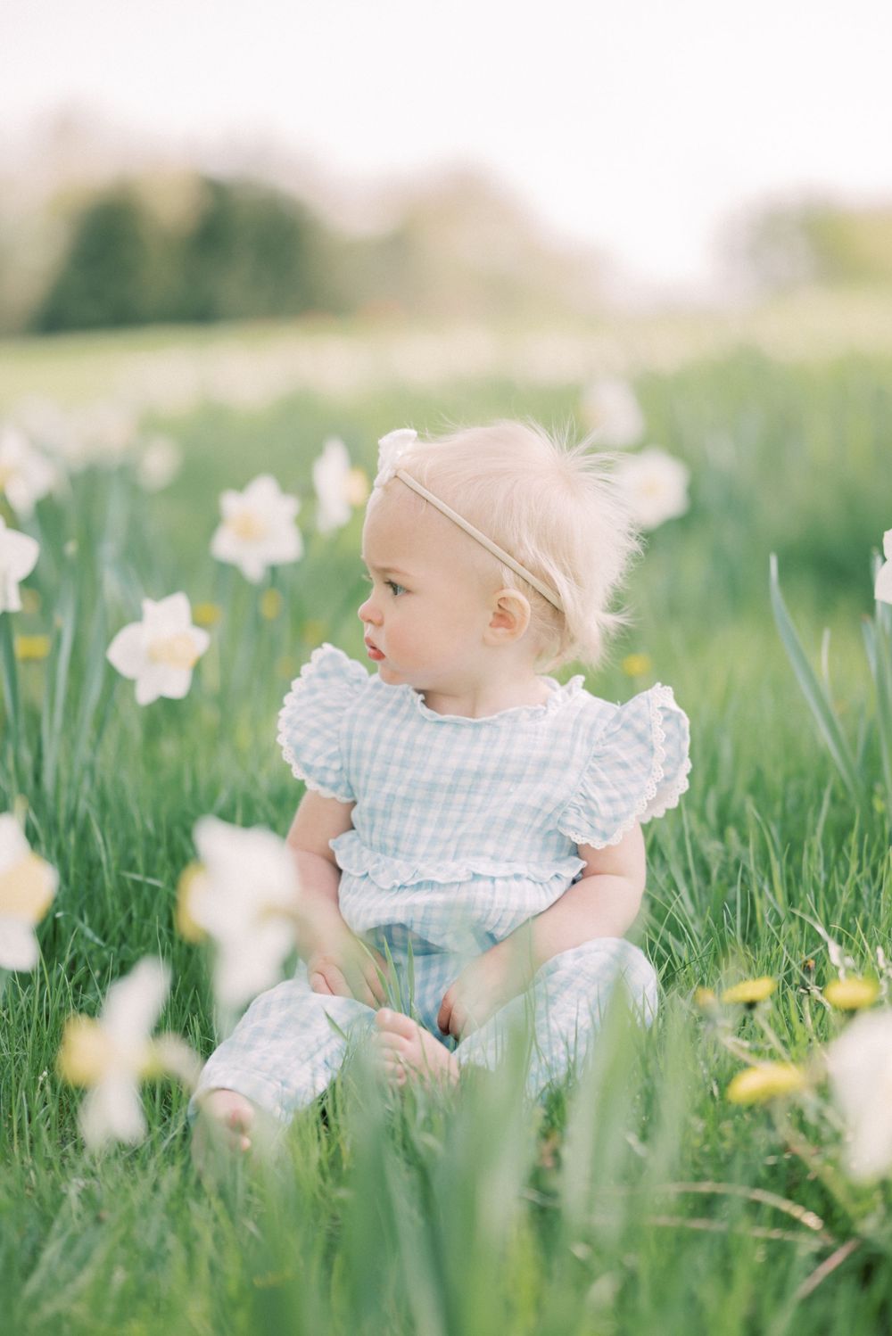 Dreamy portrait in a field of daffodils wearing a blue gingham dress.