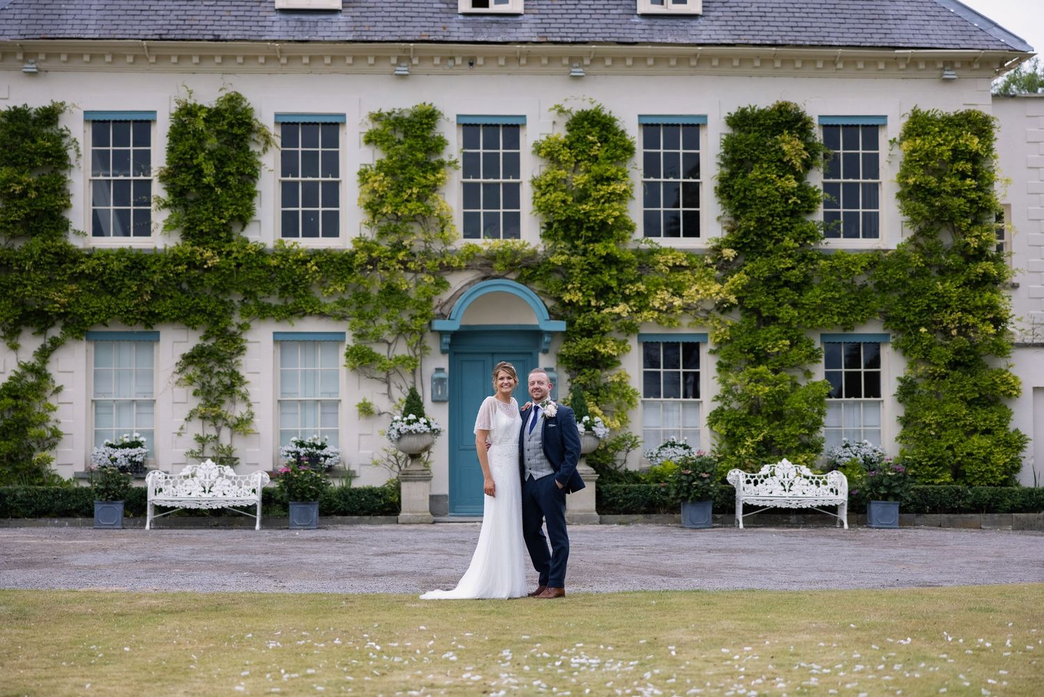 bride and groom outside gileston manor