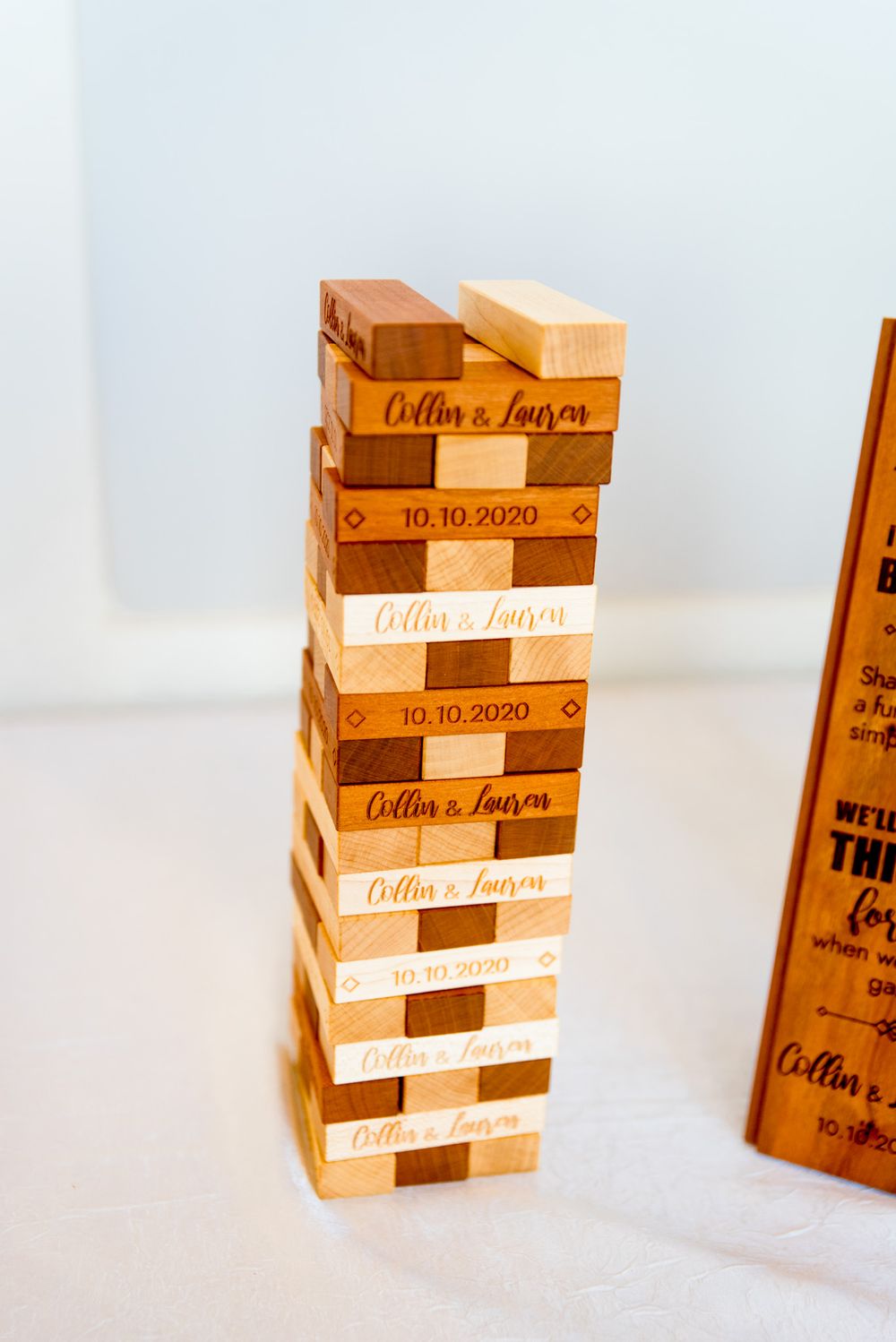custom engraved jenga game for bride and groom, wooden jenga guestbook for fall chicago wedding
