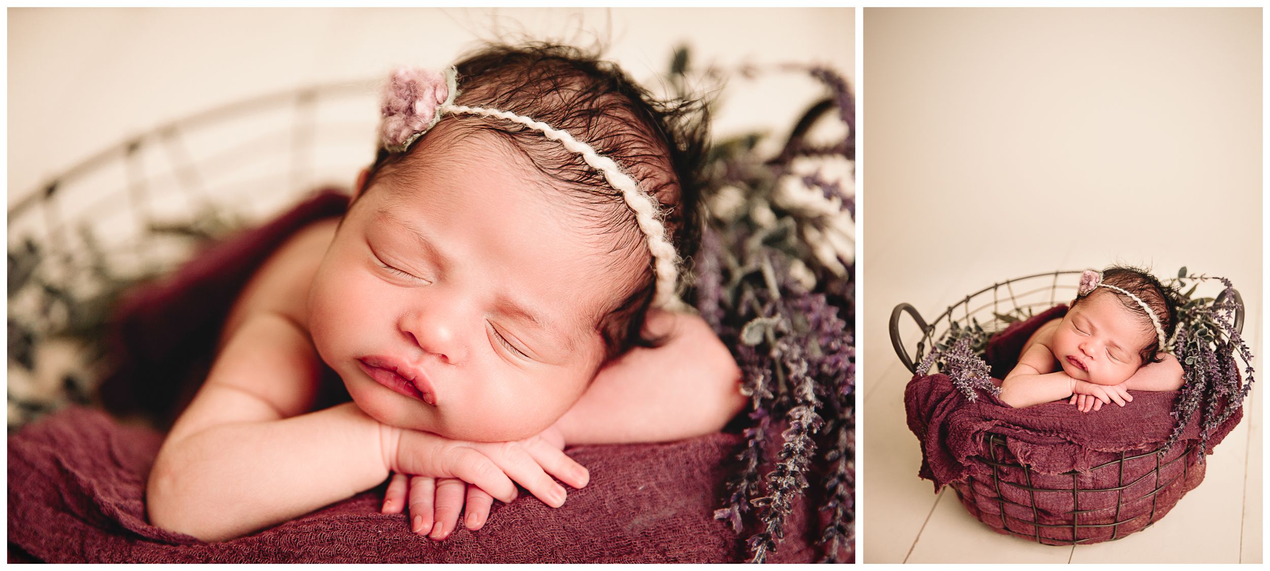 close up image of baby in rustic prop resting chin on hands