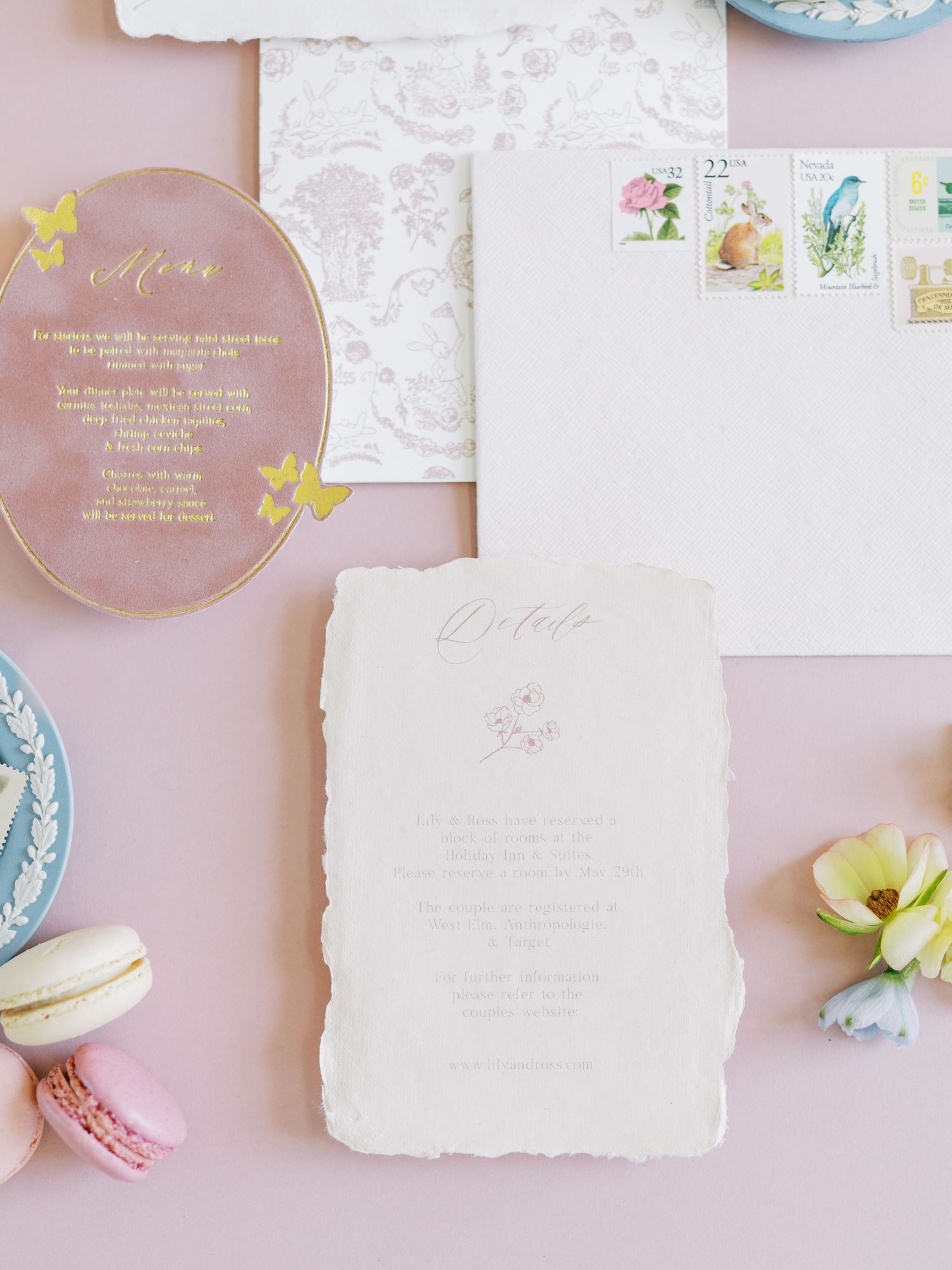 Flat lay wedding invitation suite at Emerald Hills in Promise City, Iowa