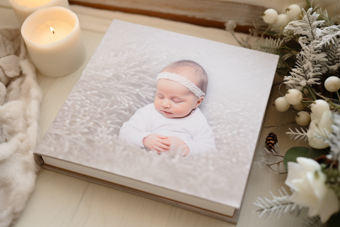 White photo album with baby portrait displayed alongside candle and winter decorations.