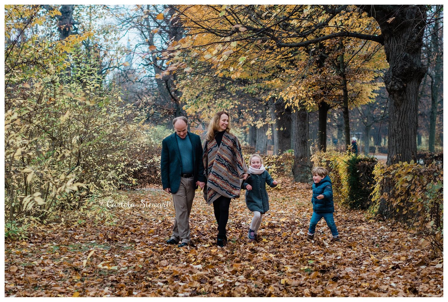 Family playing in the autumn leaves in Vienna, Austria