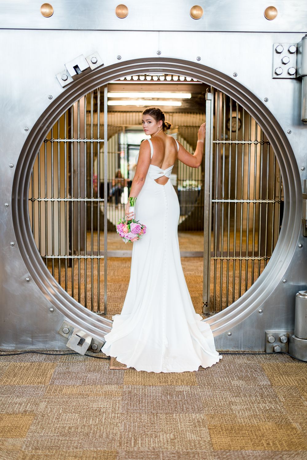 bride in vault, colorful bouquet, wedding, Benison, Cincinnati OH
