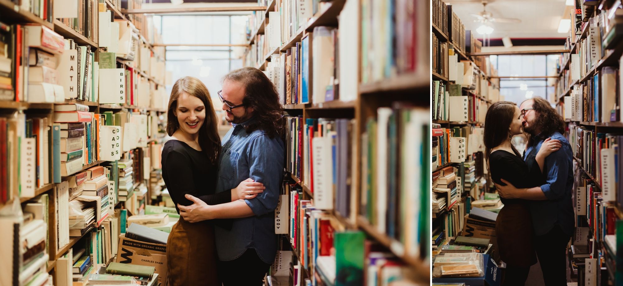 Man and woman embracing each other between rows of old books in a bookshop.
