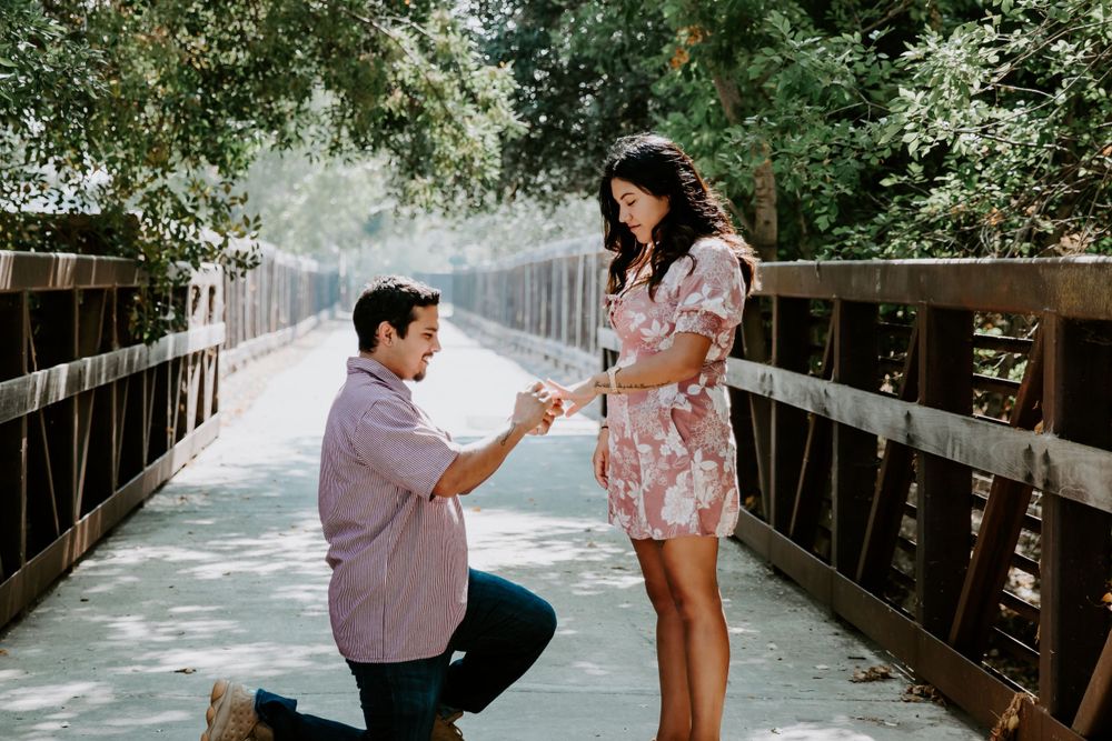 Marriage proposal moment captured on wooden bridge in forest setting.