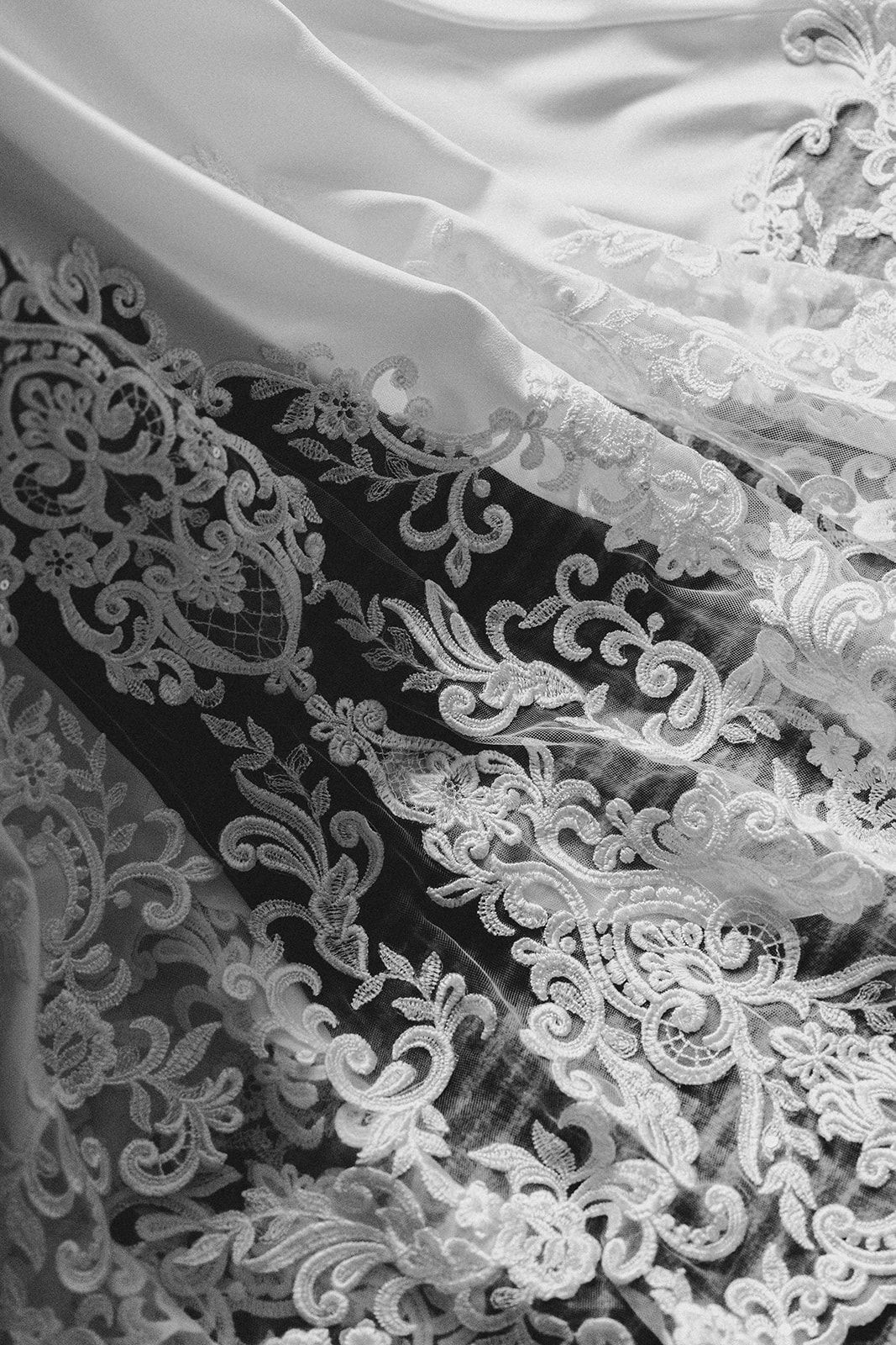 Laces detail of wedding dress in Black and White