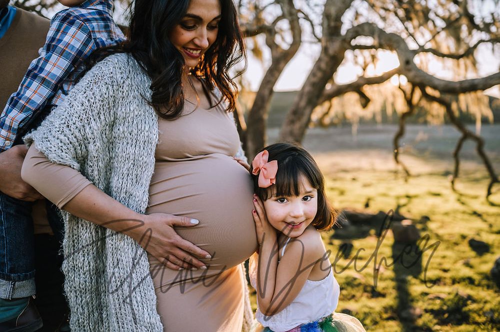 Sonoma County maternity photography session with beautiful pregnant mother, father, daughter, son at sunset