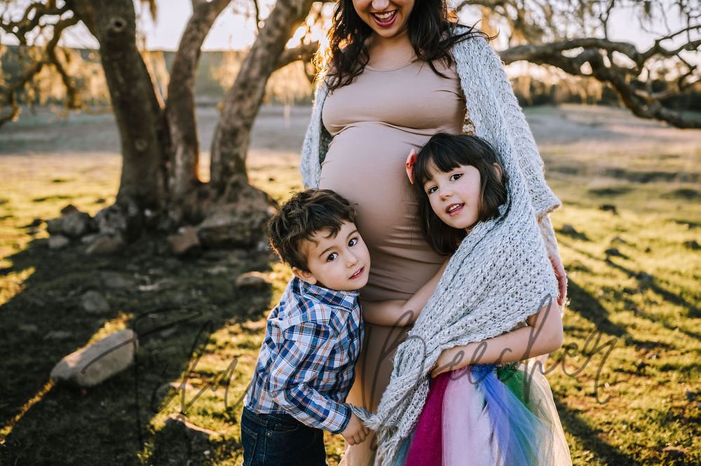 Sonoma County maternity photography session with beautiful pregnant mother, father, daughter, son at sunset