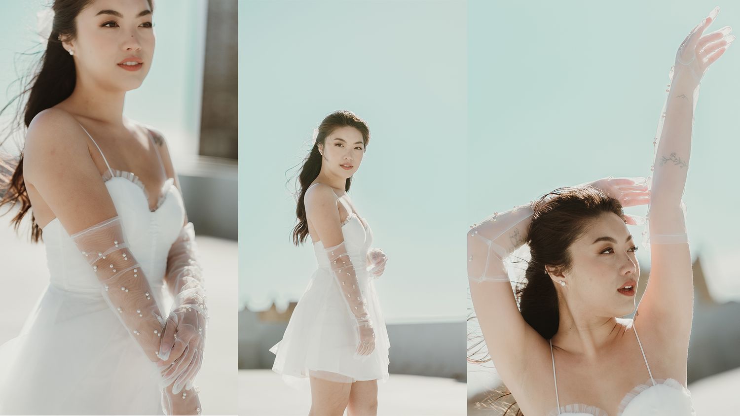 A creative triptych of bridal poses featuring a white wedding dress with lace details.