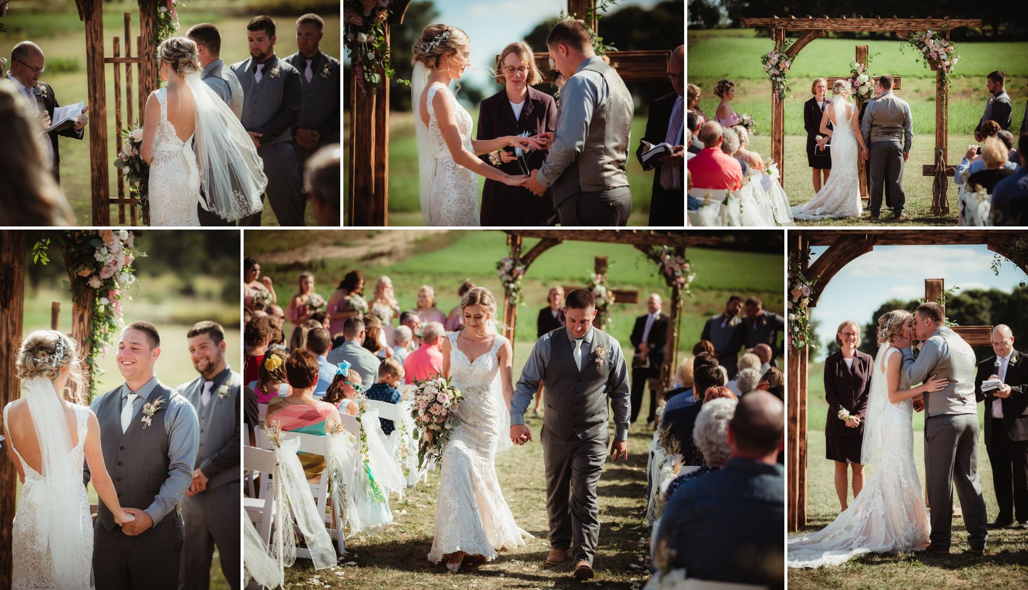 Collage of a sunny outdoor wedding ceremony with green grass and white chairs. A wooden arbor and cross.
