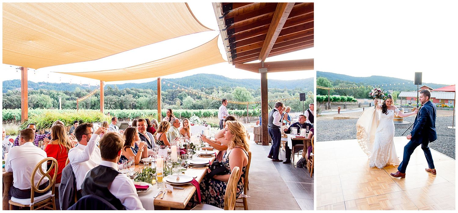 outdoor patio wedding reception at Pennyroyal Farm for Northern California vineyard wedding