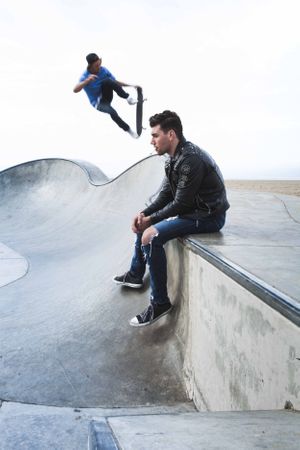 Actor Christian James Diesel Leather Biker Jacket Converse Venice Skate Park California James Dean Tom Ryen Skate Board