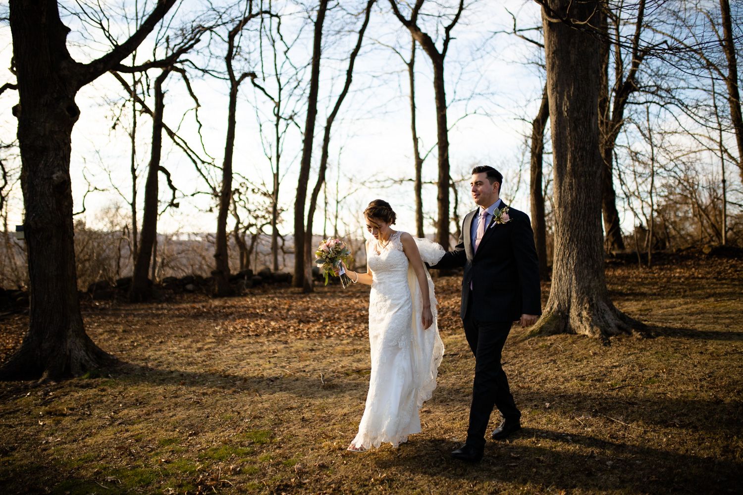 Connecticut winter wedding bride and groom walking