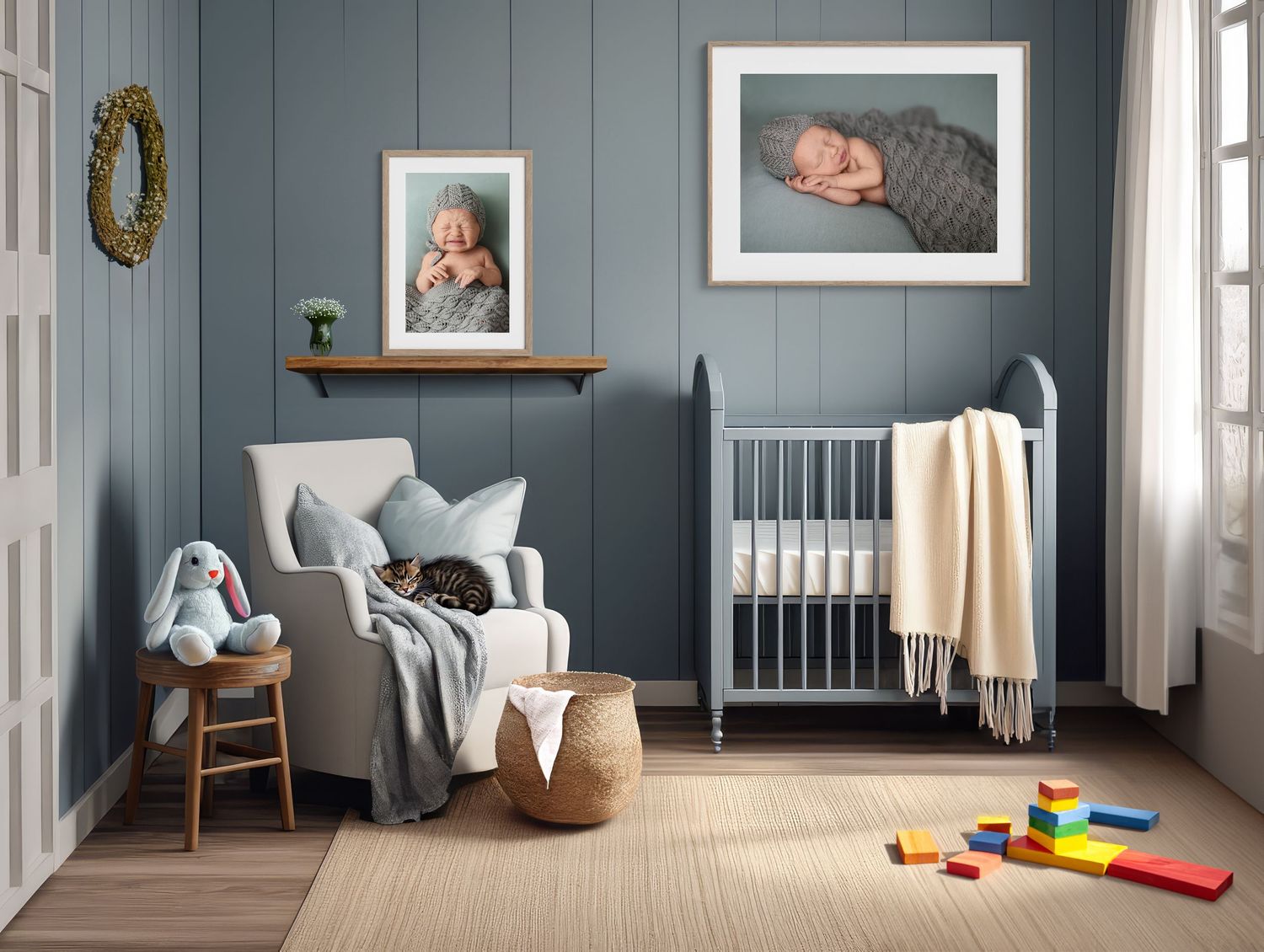 To bilder i et baby rom av en sovende og en gråtende baby, rommet er blått