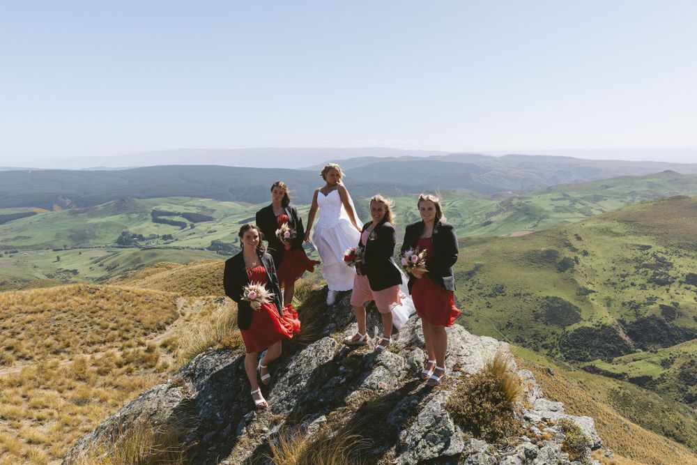 Wedding group stands on mountain summit with scenic valley backdrop.