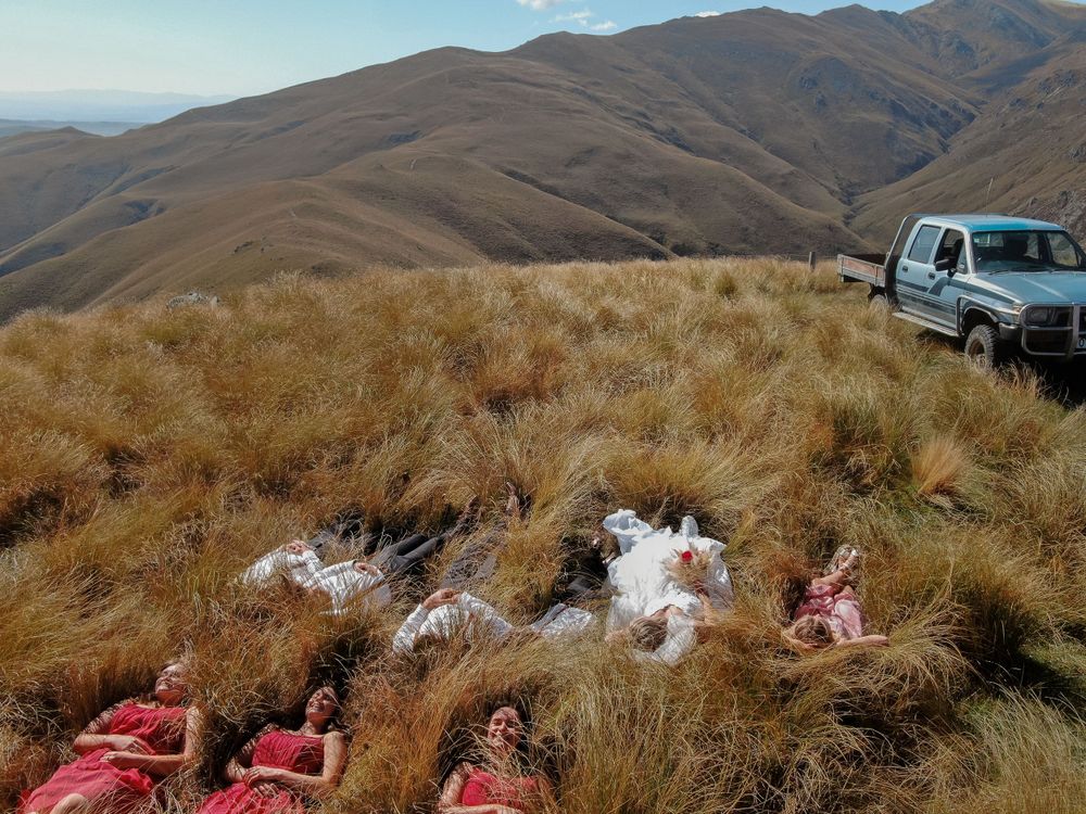Wedding party arranged on hillside with pickup truck and mountains in background.
