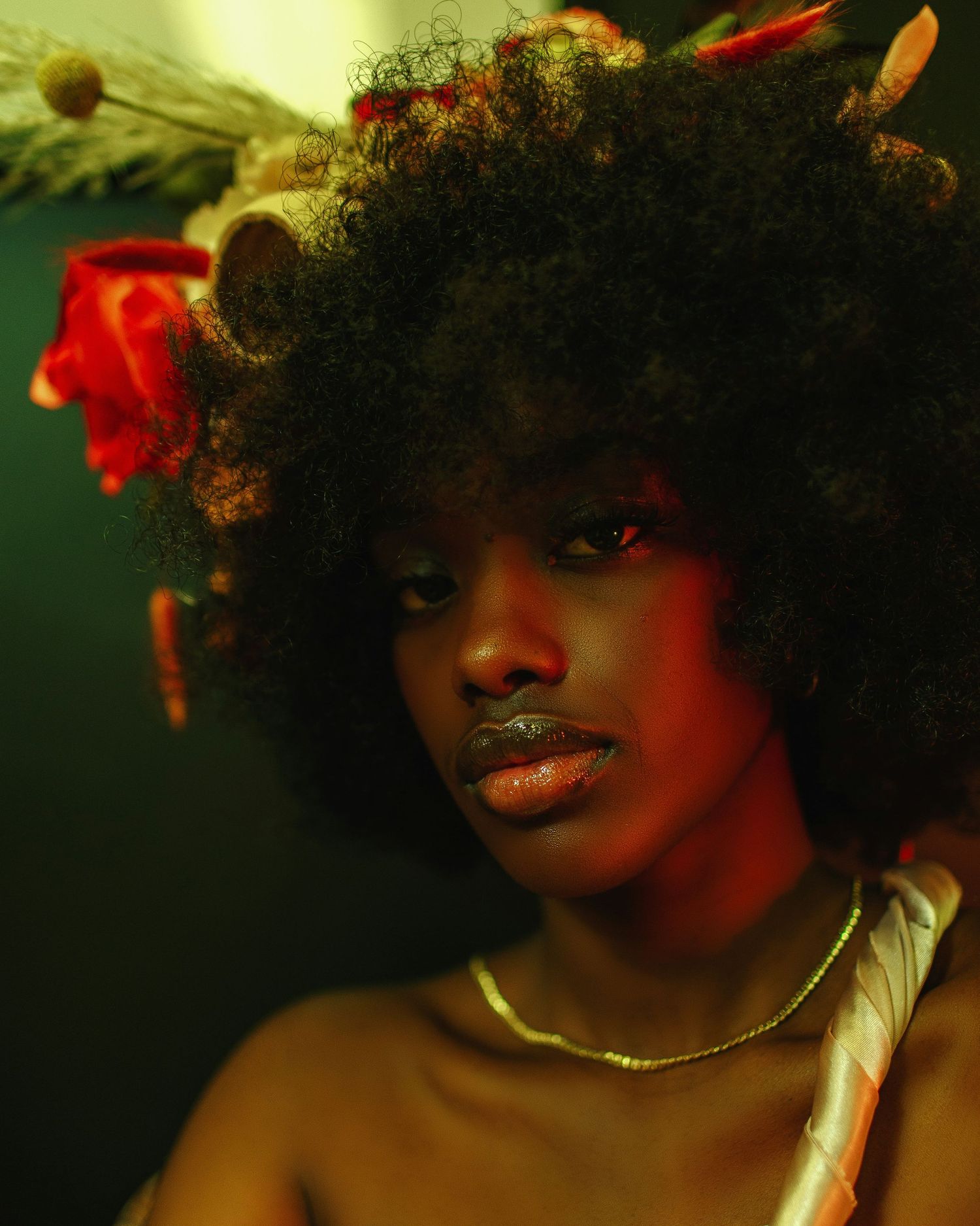 Artistic portrait with natural afro hairstyle in warm lighting with red flower accents.