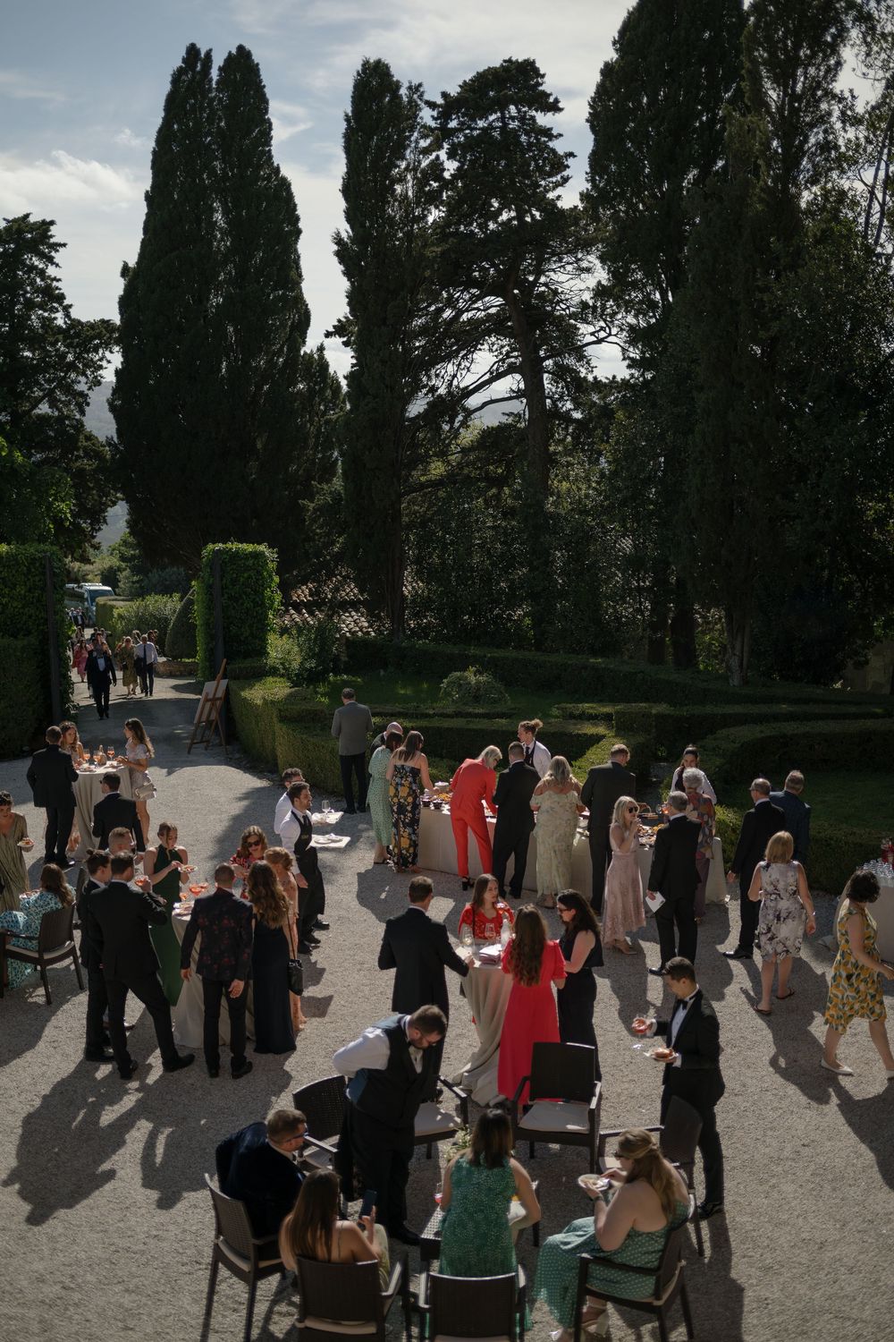 Wedding guests mingling outdoors on a garden path surrounded by tall cypress trees on a sunny afternoon.