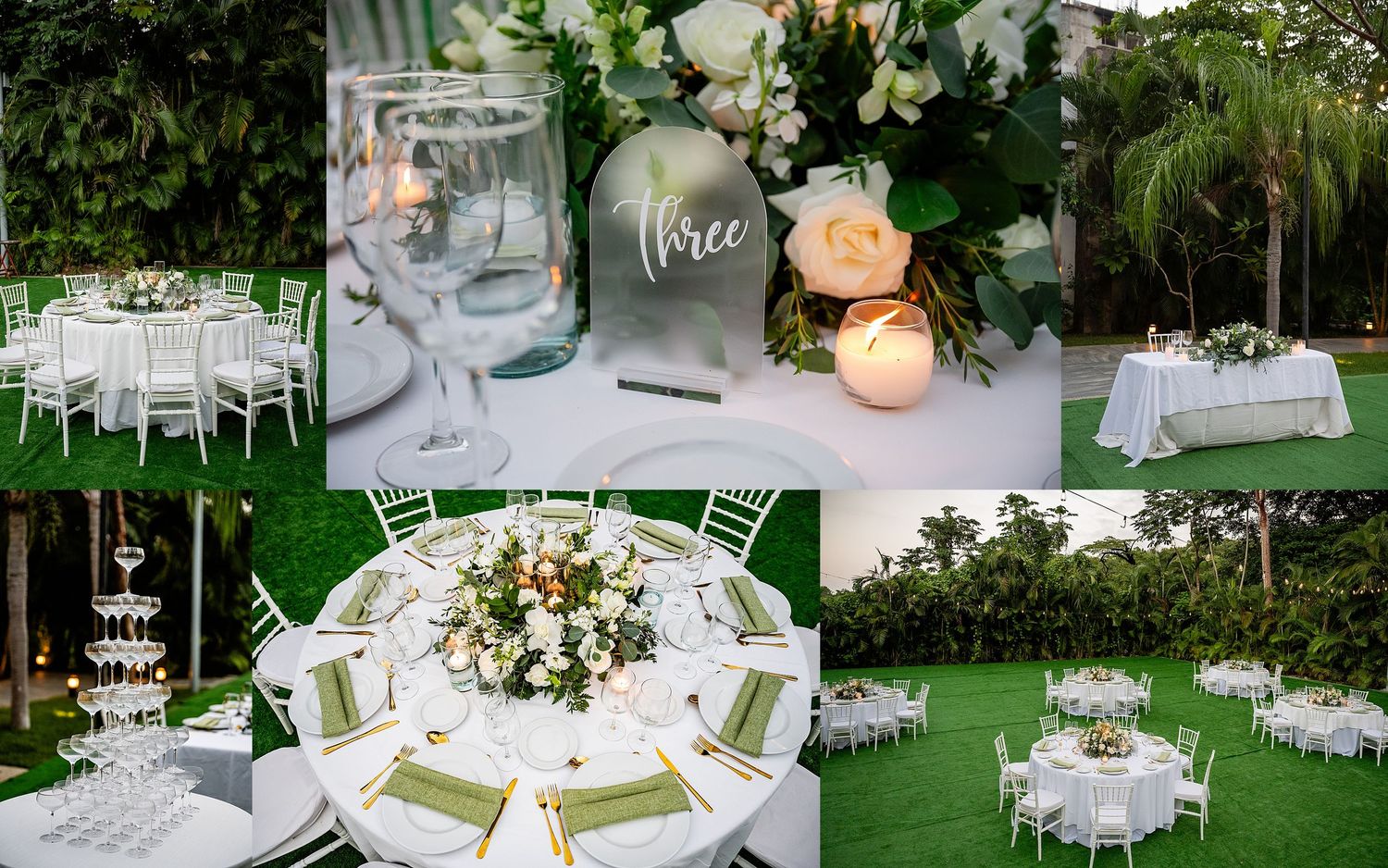 Beachfront wedding ceremony setup with white aisle and floral arch framed by tall palm trees.