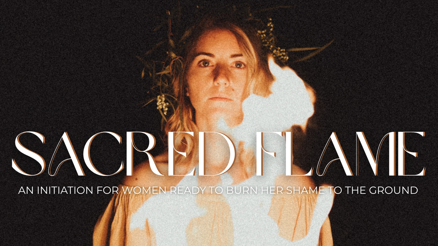 A cinematic black and white promotional banner for Sacred Fame with dramatic lighting and contrasting shadows.