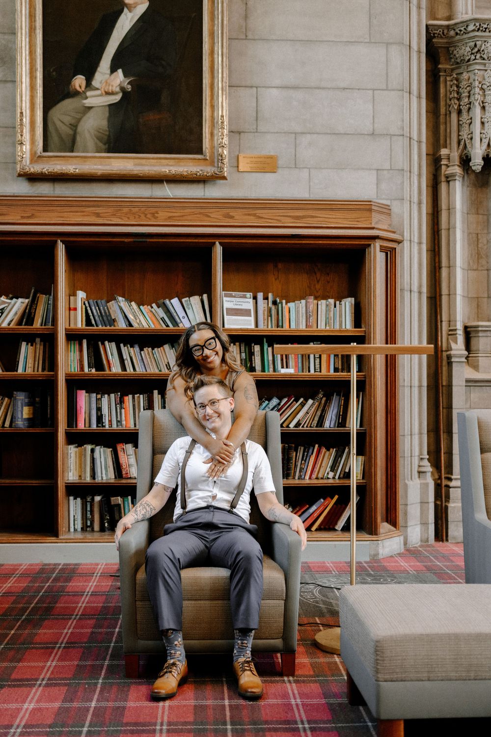 Three sequential photos show someone expressing frustration while sitting on a plaid-upholstered bench in a library.