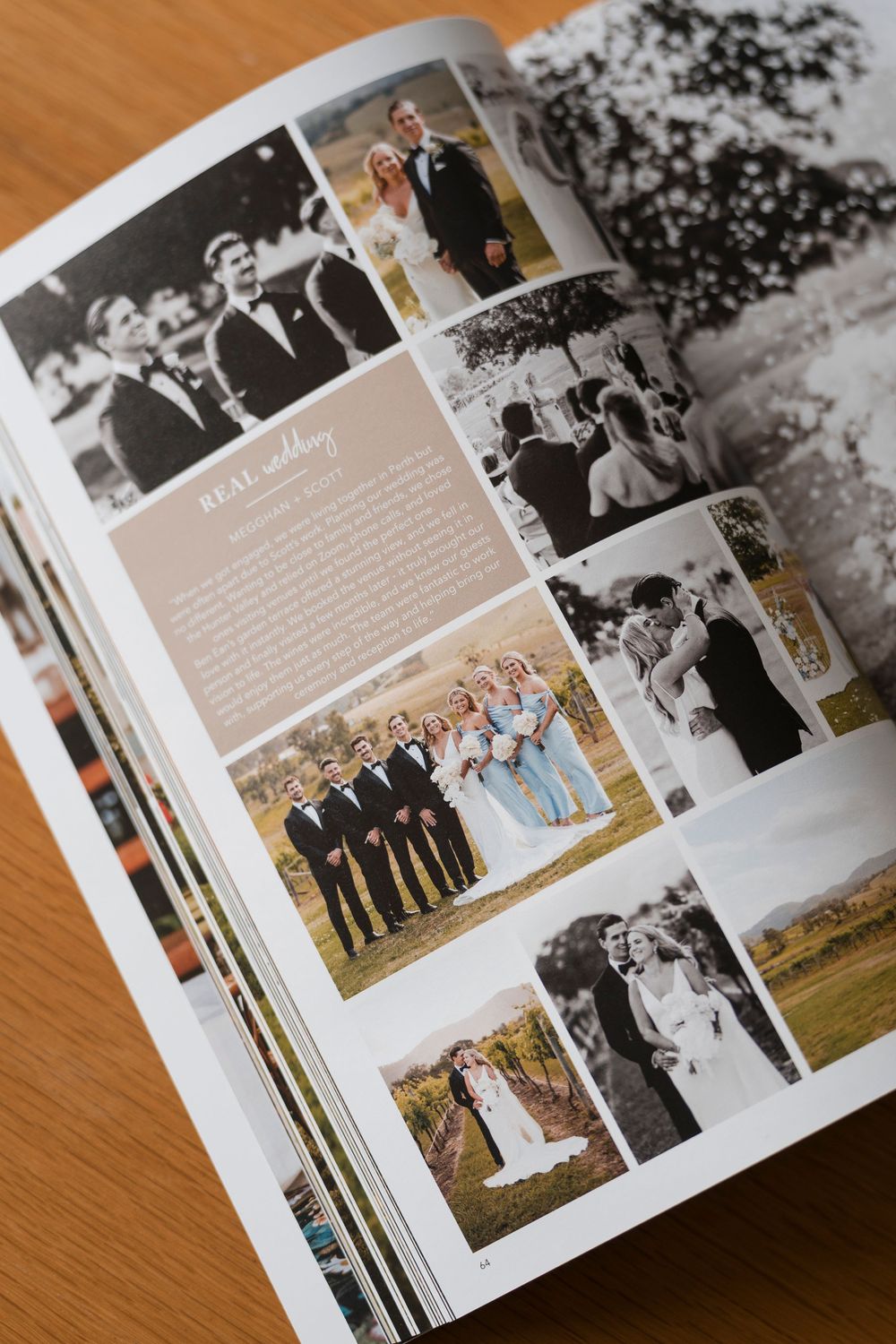 An open wedding album displaying multiple black and white and color photos of a wedding celebration.