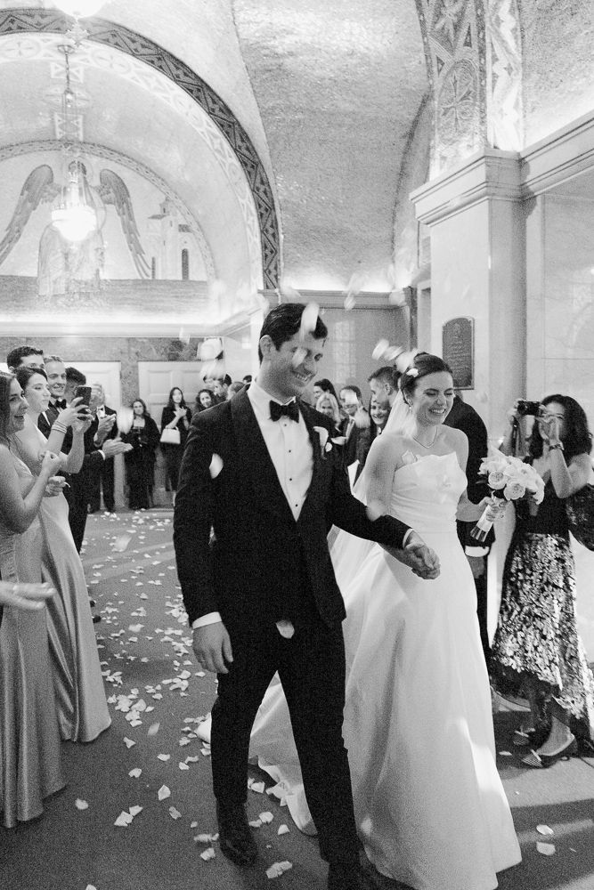 greek wedding couple in new york exit church, new york city wedding
