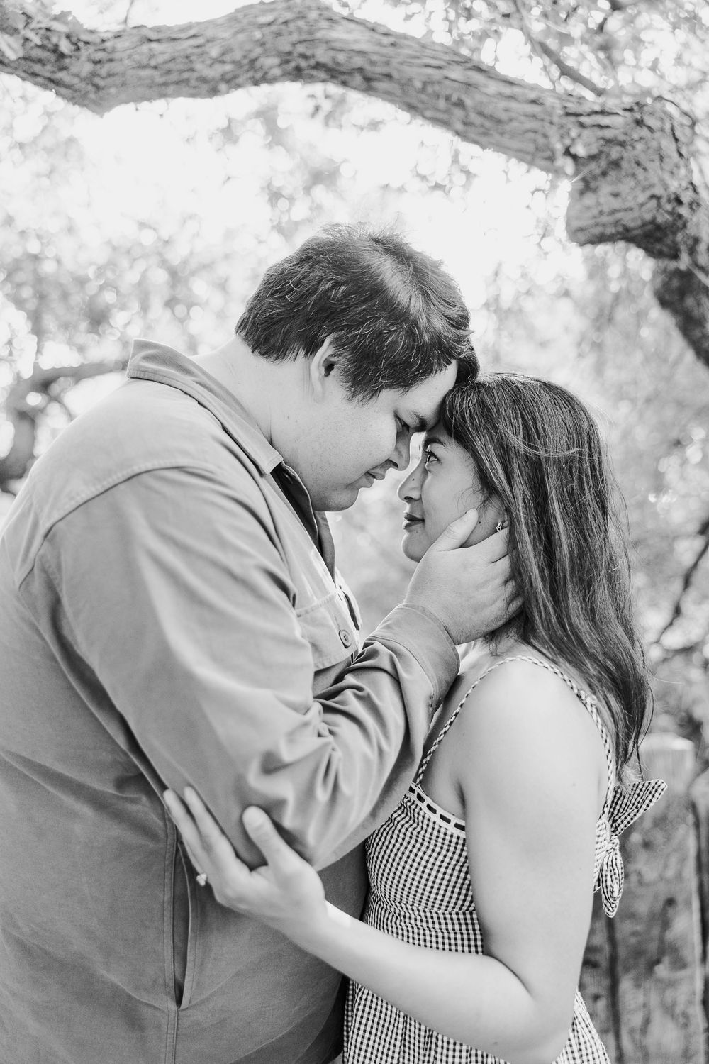A romantic black and white photo of a tender moment between a couple embracing under a tree branch.
