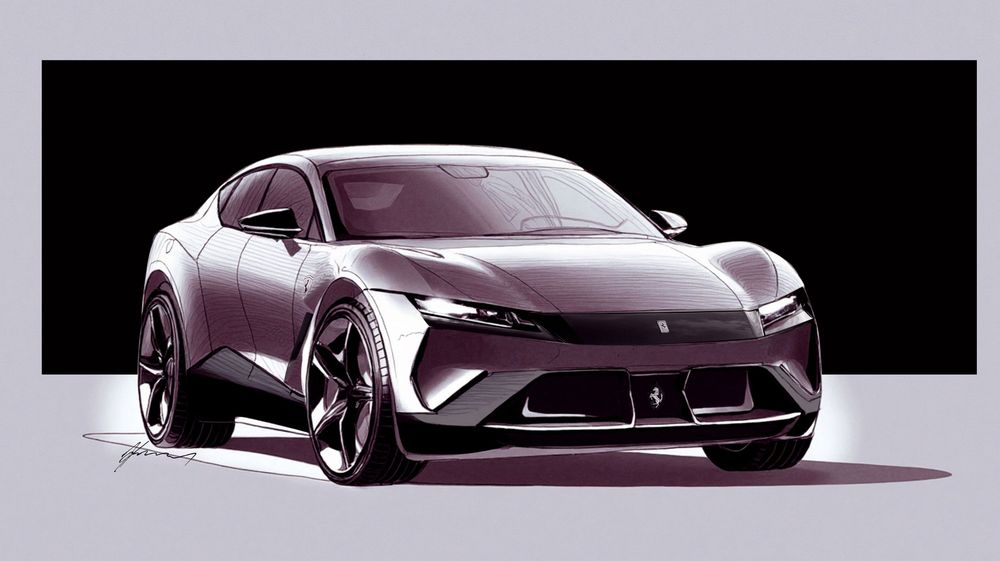 A sleek futuristic concept car rendering in burgundy color with dynamic styling and aggressive front-end design.