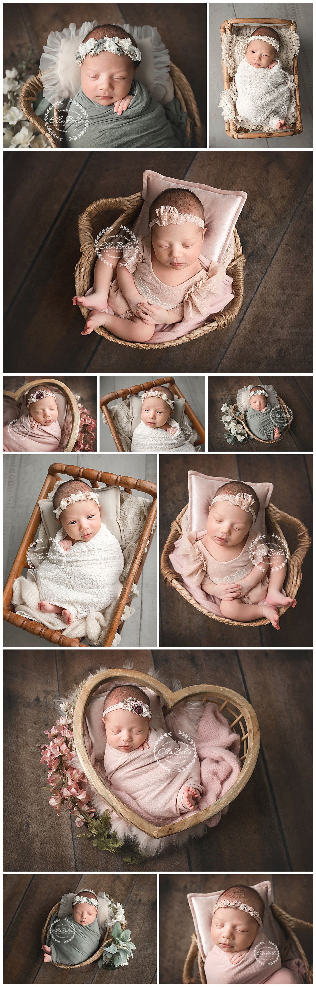 Newborn photography collection featuring soft pink and white wraps, vintage baskets, and delicate floral headpieces on rustic wood.