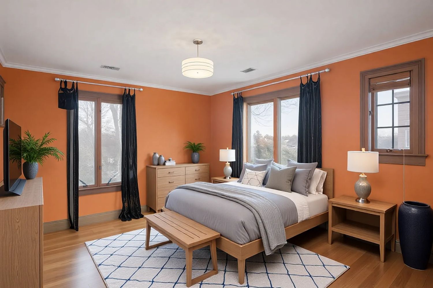 Virtually staged bedroom with warm orange walls, light wood furniture, gray bedding, natural light, and modern decorative accents.
